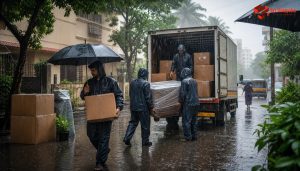 Illustration of movers transporting boxes with umbrellas during a rainy day in India