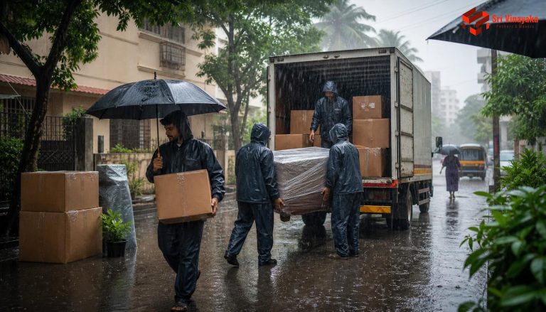 Illustration of movers transporting boxes with umbrellas during a rainy day in India