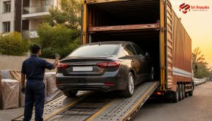 Car being loaded onto a professional carrier for relocation in India