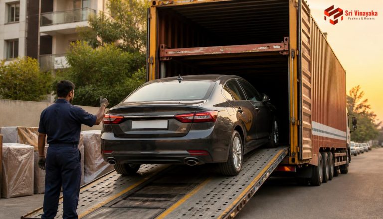 Car being loaded onto a professional carrier for relocation in India