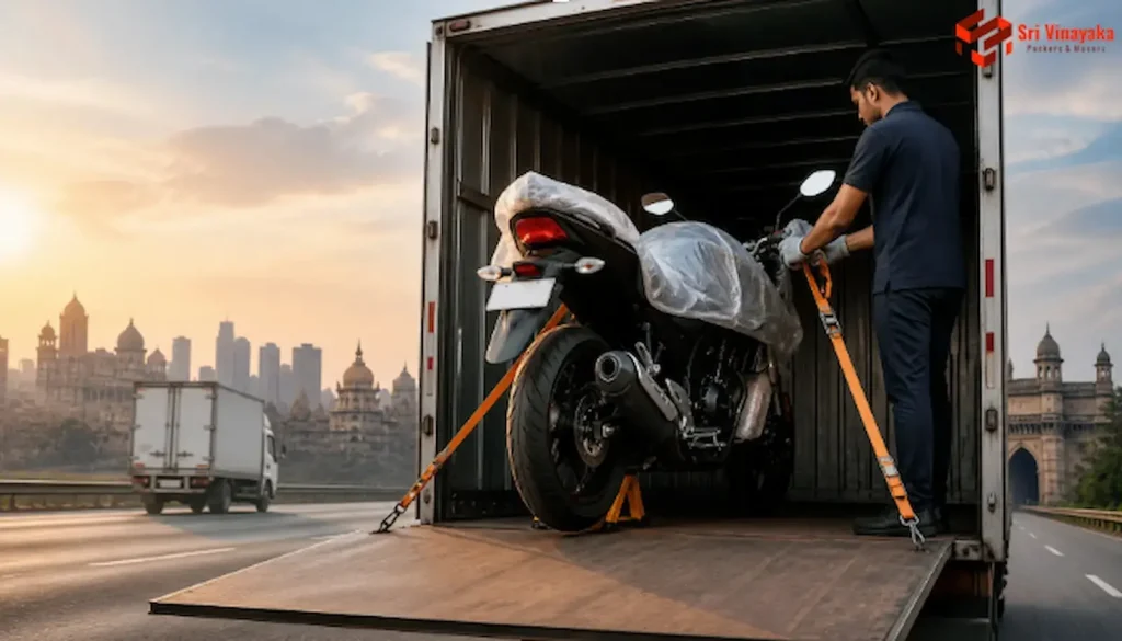 Illustration of a bike being safely transported for shifting across Indian cities