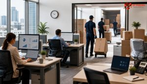 Illustration of a seamless office move with workers and packed boxes ensuring business continuity