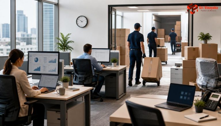 Illustration of a seamless office move with workers and packed boxes ensuring business continuity