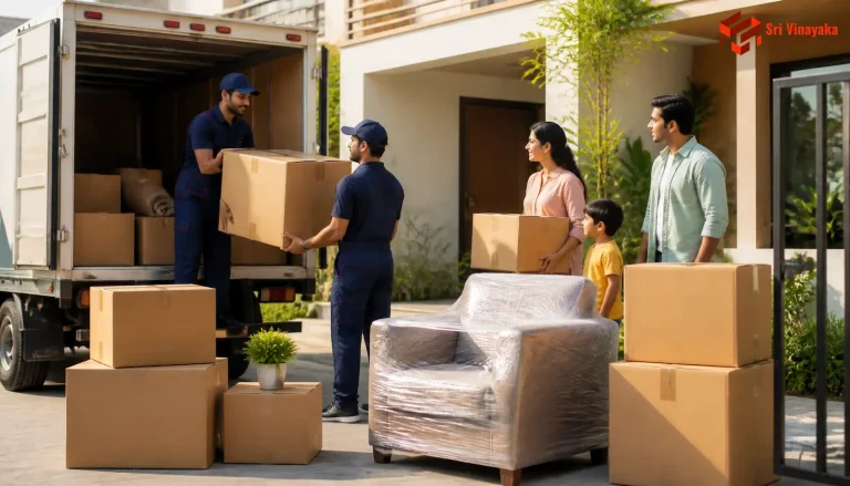 A family moving their belongings with the help of professional packers and movers